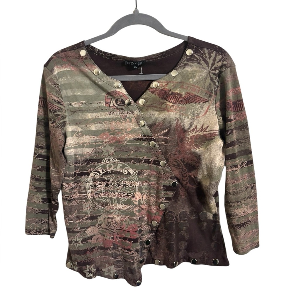 Boho Chic Y2K‎ Striped Olive Green Army Top XL